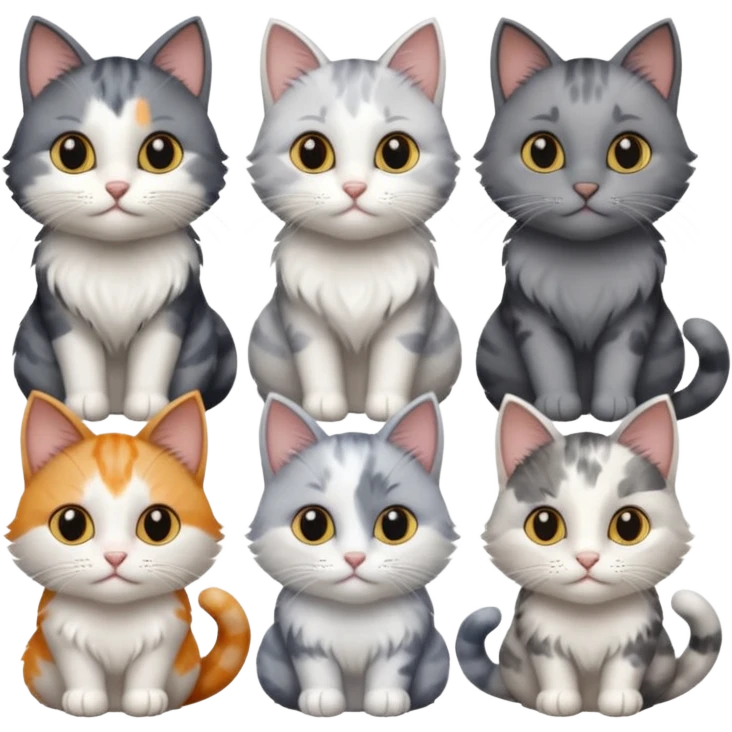 6 realistic looking cats with different natural coloured coats, assorted grey and white, greys, calico colours etc
 emoji