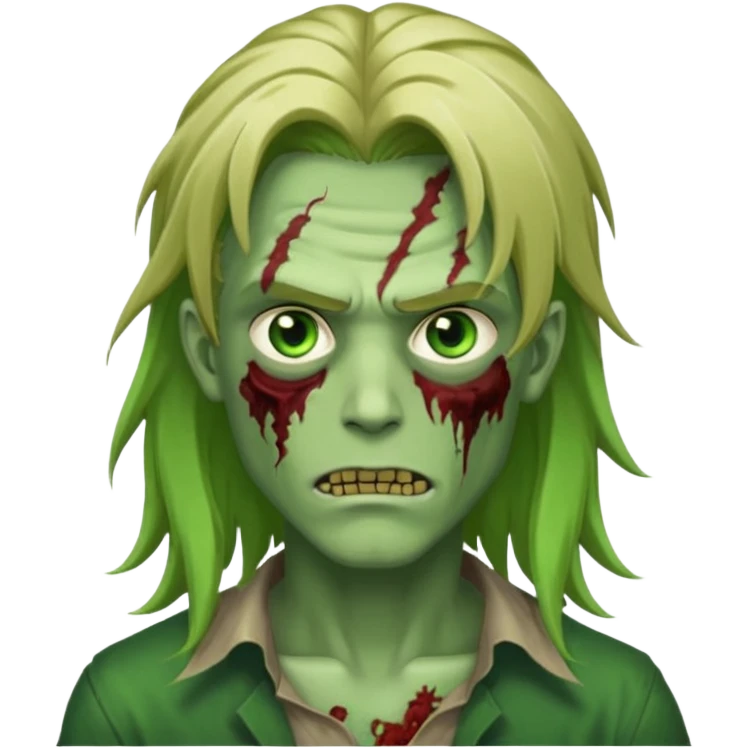 handsome male zombie with green skin, dirty blonde long flowing anime hair, bright green eyes, slight smirk, iOS emoji style emoji