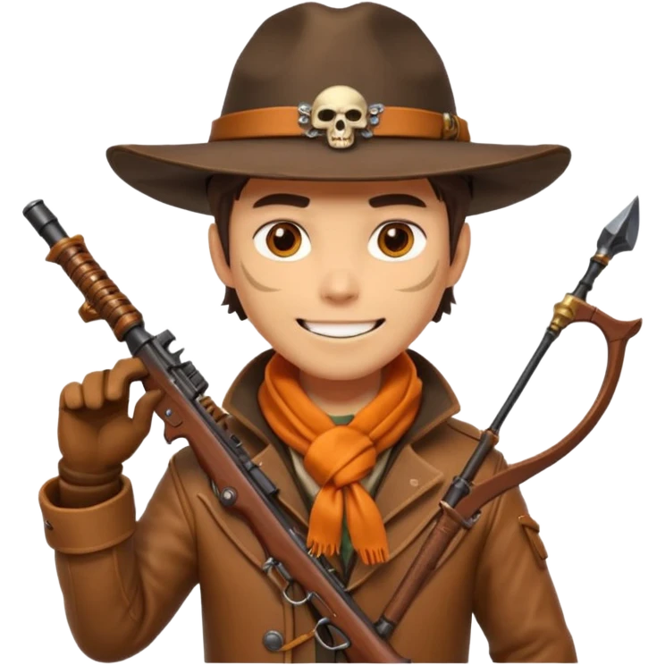 male human monster hunter emoji, wearing brown leather coat and wide hat, holding crossbow or rifle, with amulet shaped like skull, Halloween fantasy theme, confident smile, orange scarf, Apple emoji style, clean white background, square image emoji