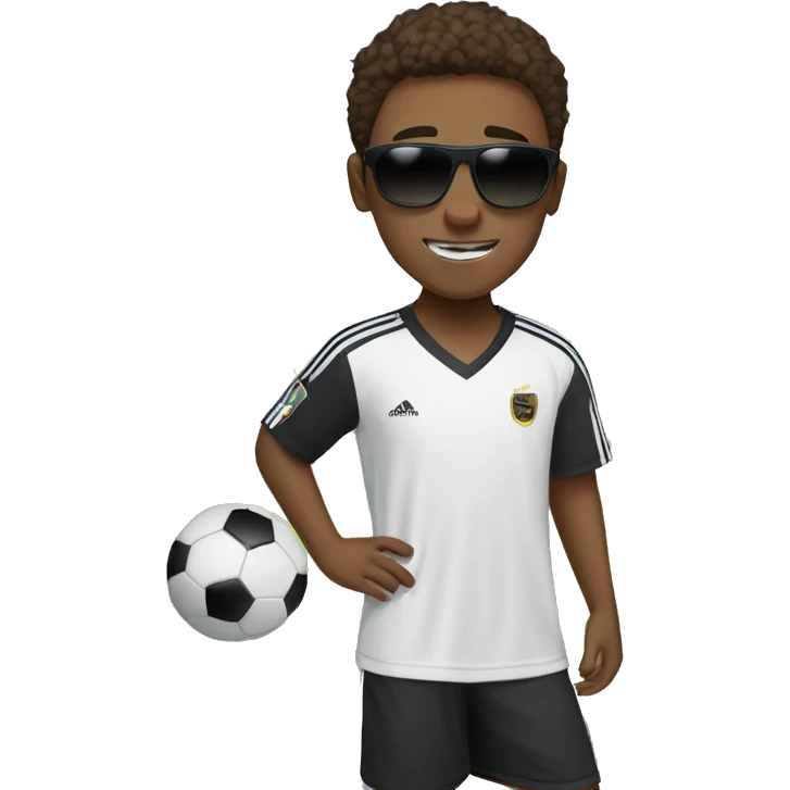 boy with brown hair and brown eyes and brown skin playing soccer with dark sunglasses on and a white jersey  emoji