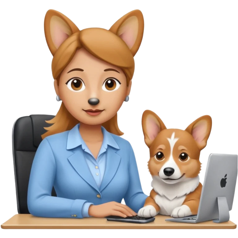 perrita caricatura gorgi gales ejecutiva con ropa celeste claro mujer frente a computadora emoji