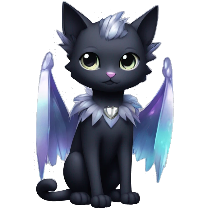 Shiny Shy Cool Punk Black beautiful fantasy Kawaii Ethereal Sona Fakemon-cat-animal with edgy bat-wings-ears Full Body emoji