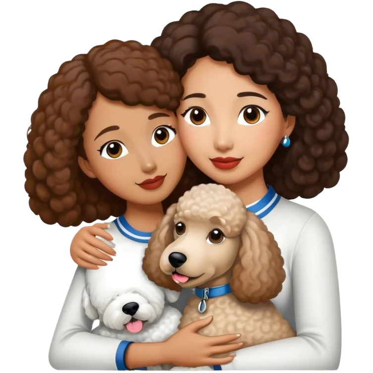 White standard poodle and Asian brown-skinned woman embrace emoji
