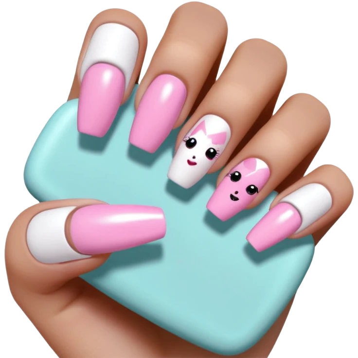 kawaii style baddie TikTok Bratz Y2K acrylic nails, 3D glossy, outlined, sticker-like, pastel pinks, neon accents, white or transparent background, 512x512px emoji