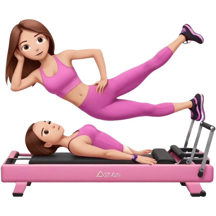 one girl doing a plank on a pilates reformer in a pink workout set with long brown hair emoji