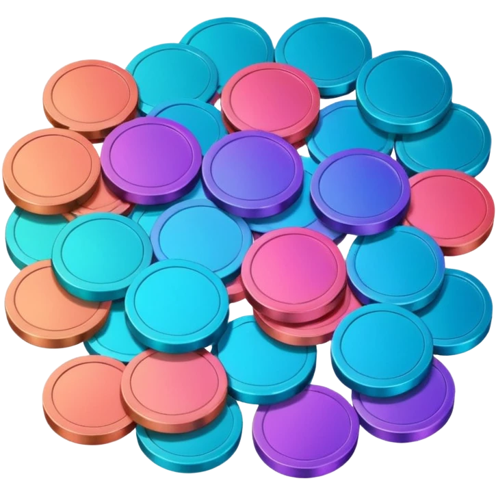 Many Coins pack 
in gradient of turquoise, blue, pink, purple, and coral
 emoji
