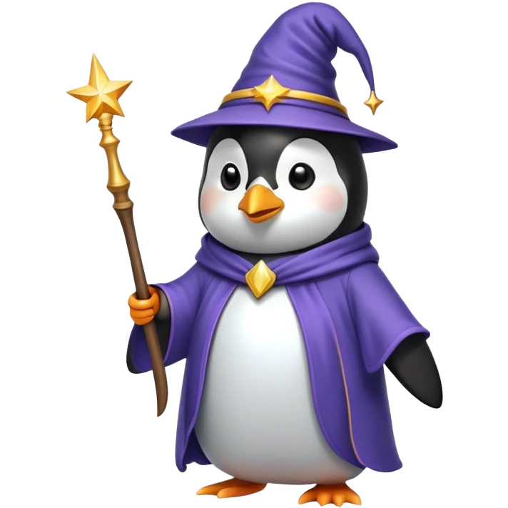 Penguin wearing wizard hat and robe holding a magic wand emoji