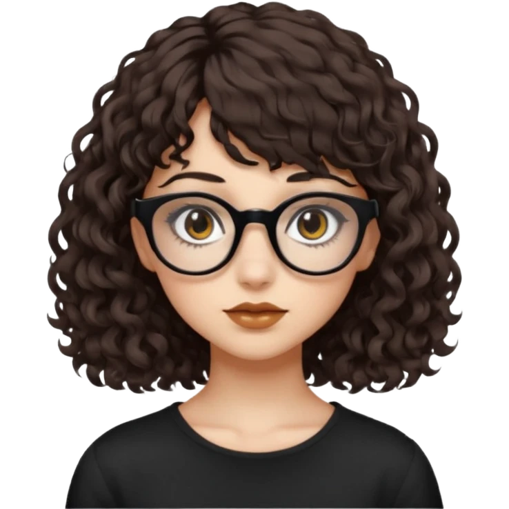 A girl with fair skin, brown eyes with black square glasses, eyeliner, shoulder length curly hair with bangs, with a grunge outfit  emoji