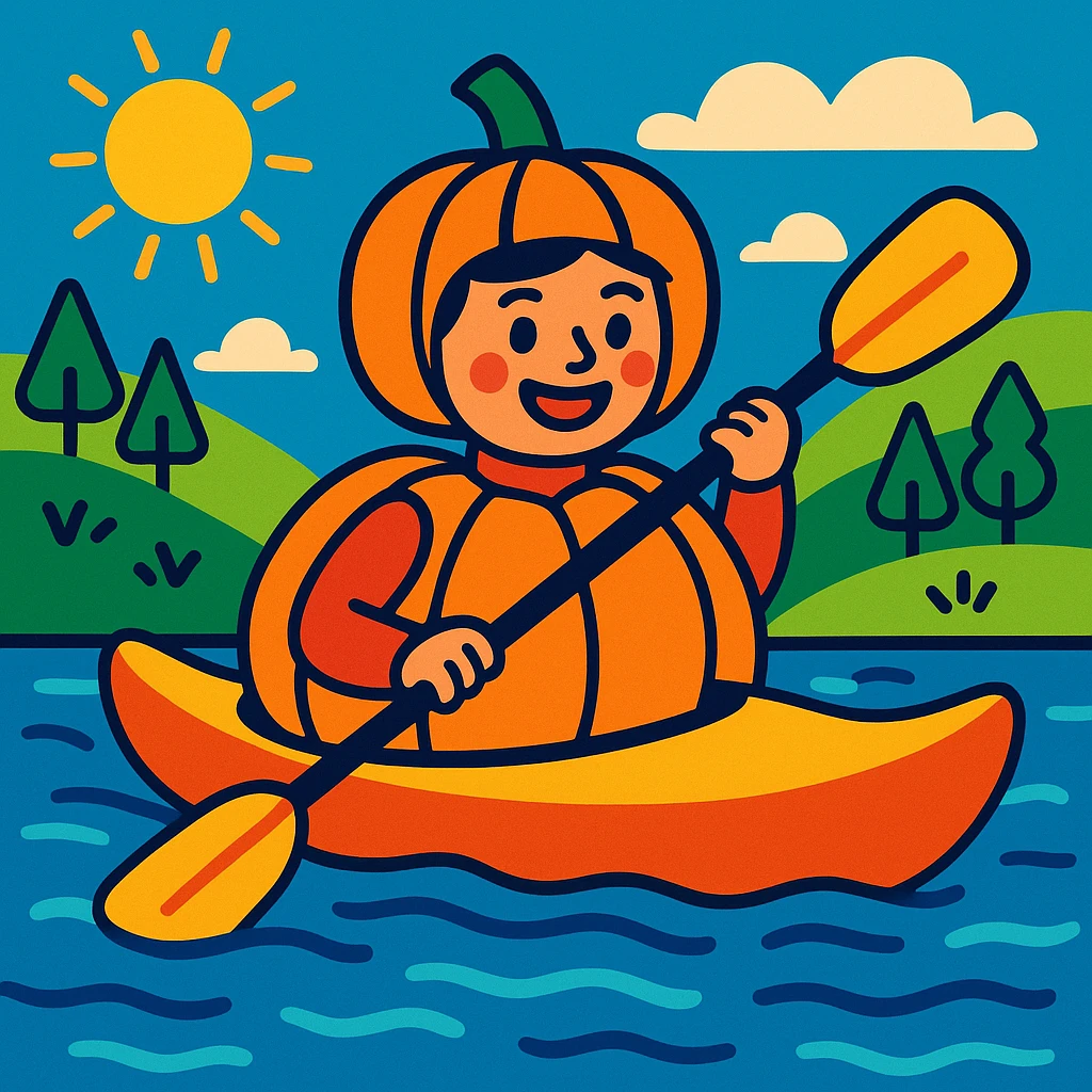 a person in a kayak costume shaped like a pumpkin, cheerful scene, vibrant toon style, joyful and colorful emoji