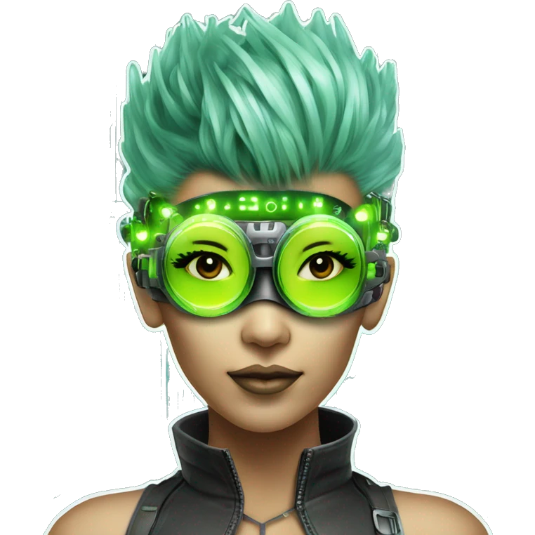 Neon green Mohawk hair Asian female cyborg head with silver steampunk goggles and circuits emoji