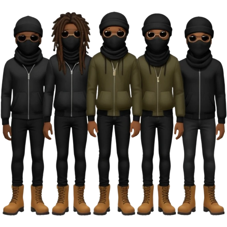 Group of African American men with dreadlocks wearing black ski masks covering their face wearing black skinny jeans and black timberland boots emoji