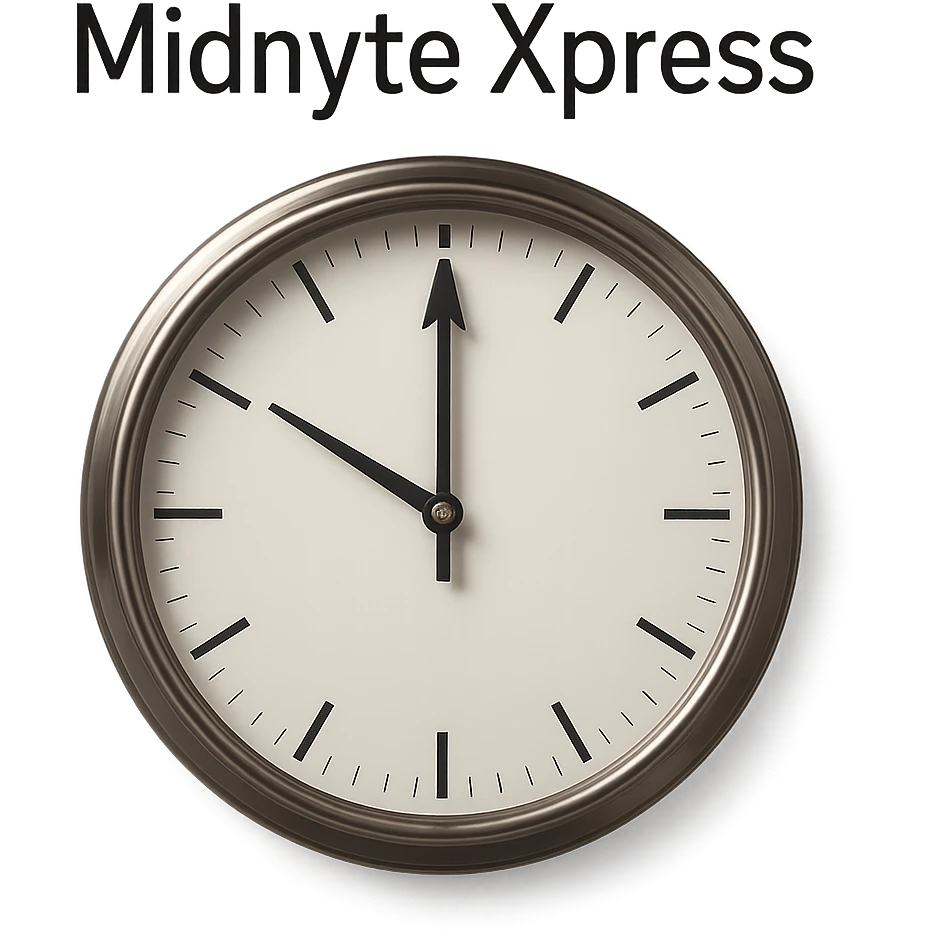 Make this clock at midnight with 'Midnyte Xpress' above look more realistic, featuring a metallic clock frame, glass face, and realistic shadows. Keep the text above in a clean font. No background, transparent background. emoji