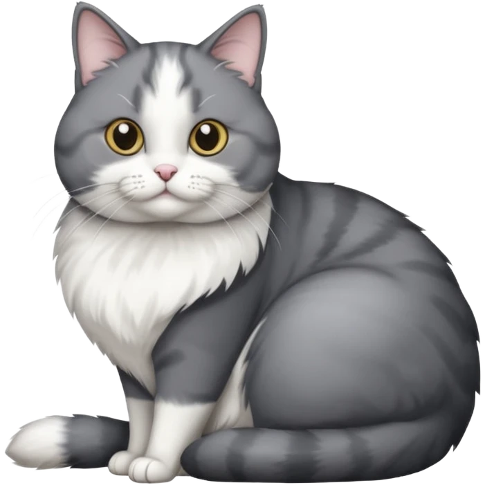 Gray and white tuxedo cat that is fat with white on top of tail and white on nose emoji