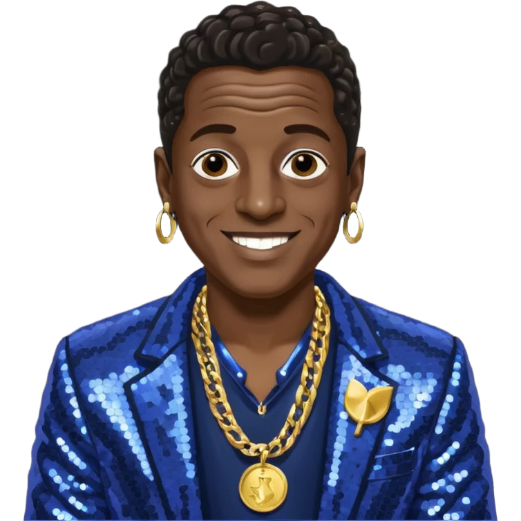 Flavor Flav with dark brown hair, indigo sequin jacket, shirtless with necklace emoji