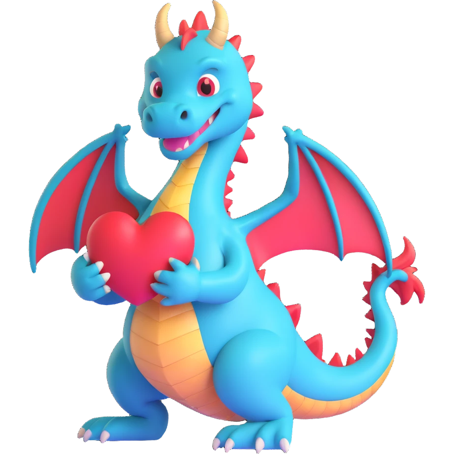 3D style dragon holding a heart, friendly and charming emoji