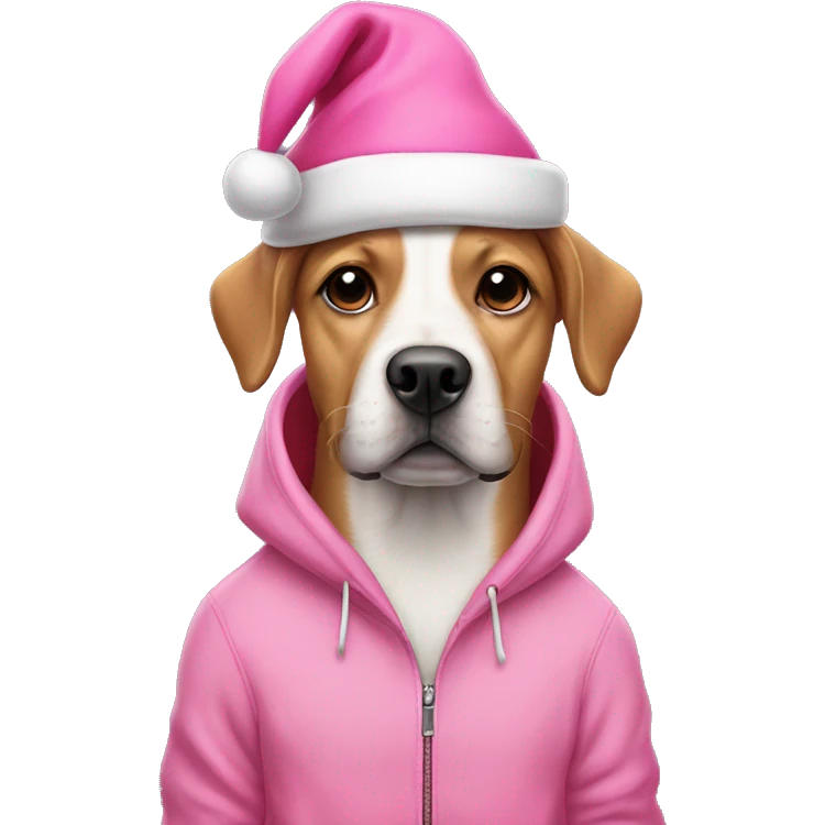Dog wearing a pink hoodie and a pink Santa hat emoji