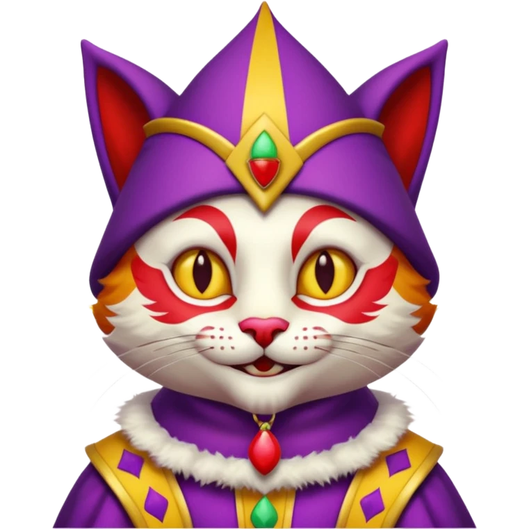 crazy colorful cute little cat jolly joker from poker, medieval, vintage, court jester, mac os icon, purple, yellow and red color, half body emoji