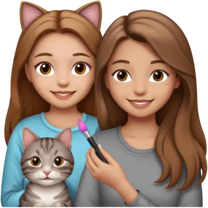 A image of a girl with light long brown hair doing her makeup with her grey tabby cat. She is smiling emoji