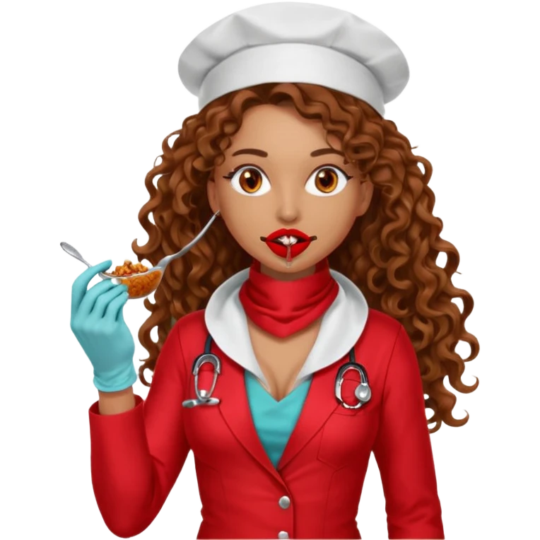 Sensual Spanish Lilith core evil surgeon.red outfit.  Surgeon has hazel eyes. Her hair is BROWN. Hair is also  long and  curly. wearing a sexy surgeon outfit with platform  heels.she is a calculated smart cereal killer. She covers only her mouth and nose with silk scarf to hide identity  emoji