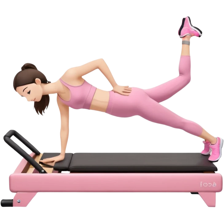 white brunette girl in light pink workout clothes doing a plank on a reformer emoji
