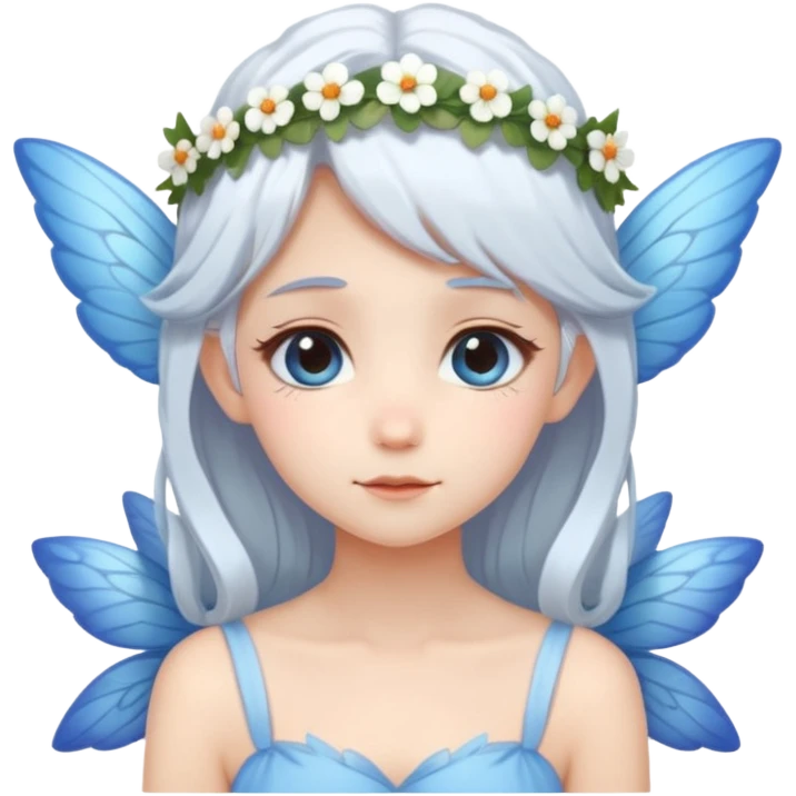 A shy white hair fairy with soft blue wings with flower smallcrown emoji