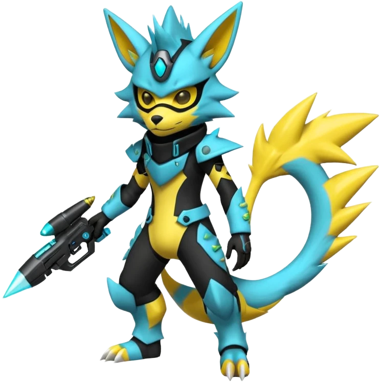 Shiny badass cool edgy spikey fluffy realistic cyan yellow white electric complex futuristic Zeraora-Renamon-Electrike-Umbreon-Lombax-Weregarurumon-fusion-creature (full body) wearing a black cyberpunk-helmet-mask emoji