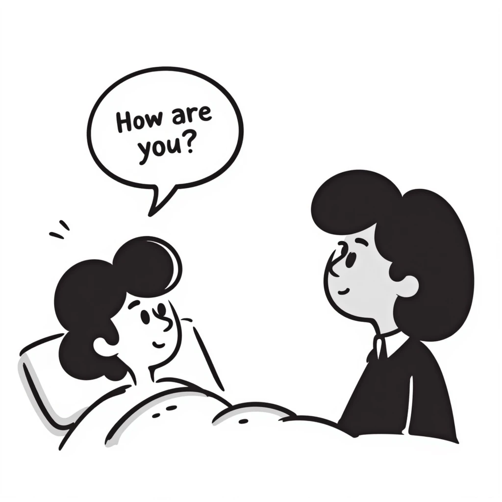 a person in a hospital bed looking concerned, asking 'How are you?' to a visitor, hospital setting with medical equipment, gentle caring expression on patient's face emoji