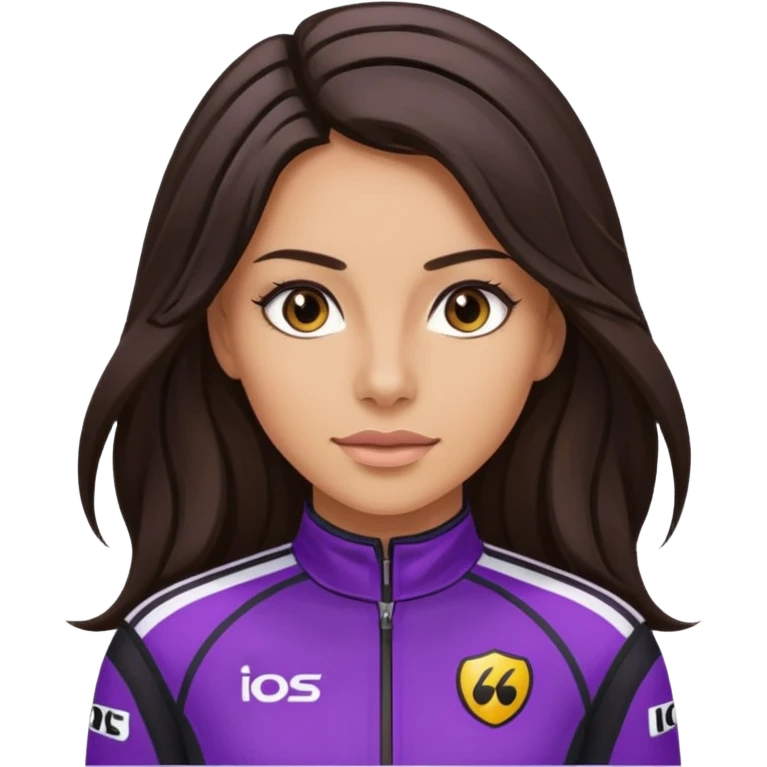 brunette long hair woman with black racing outfit with purple strips emoji