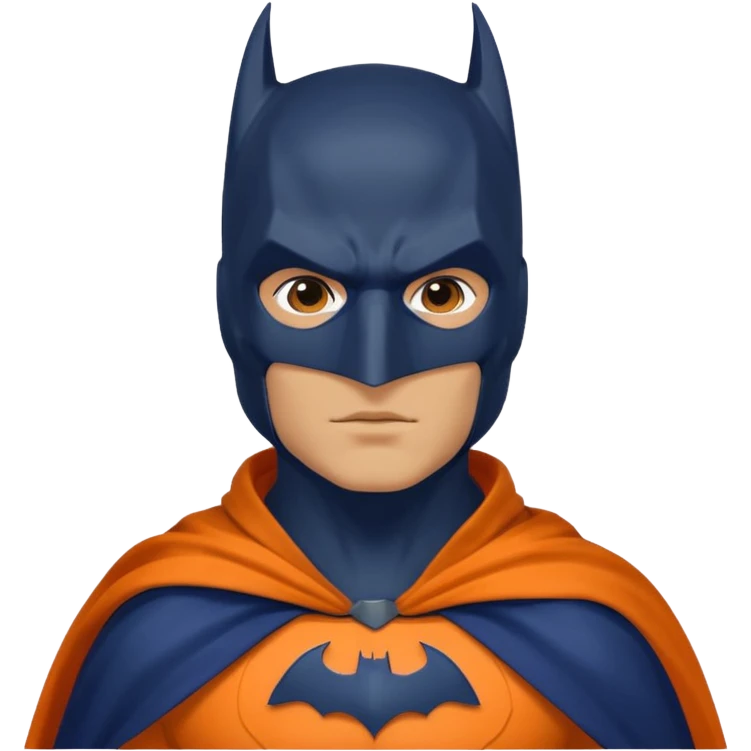 generate a batman emoji with just the face and neck showing and part of the cloak and and wings. Shade the mask in dark navy blue. Shade the wings in a medium olive green. Shade the cloak in a solidt vibran orange emoji