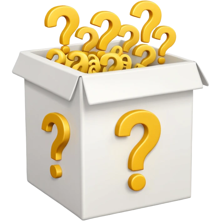 white box printed with q&a over stuffed with yellow question marks emoji