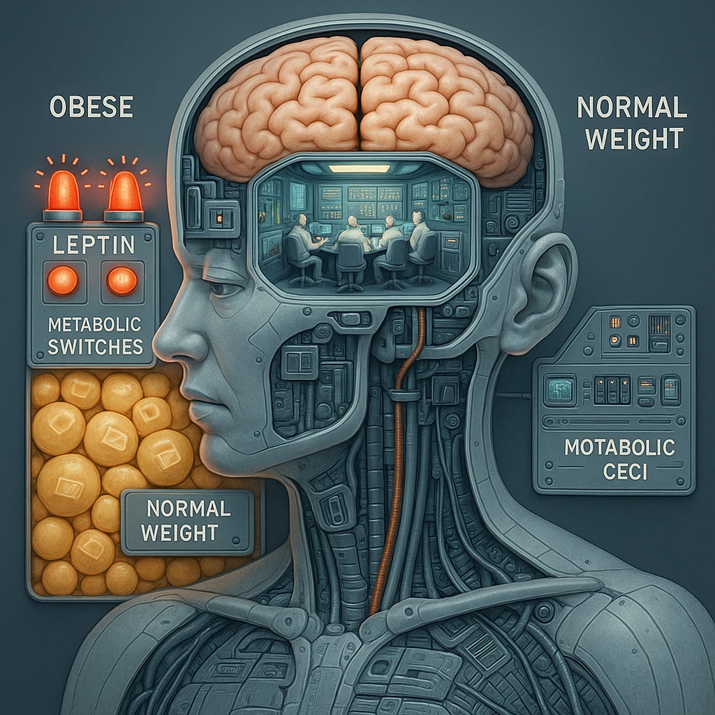 Medical CGI style illustration of cybernetic anatomy showing brain as control room. In obese section, leptin alarm bells ringing but metabolic switches stay ON, fat cells pile up like unread emails. In normal-weight section, control panel responds efficiently. 4K resolution, clinical, detailed, scientific visualization emoji