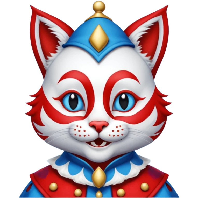 crazy colorful cute little cat jolly joker from poker, medieval, vintage, court jester, mac os icon, blue and red color, half body emoji