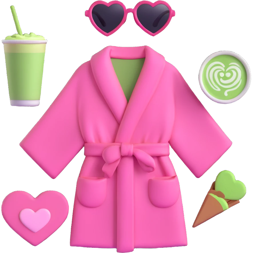 pink robe, heart-shaped sunglasses, matcha latte, and makeup palette arranged together emoji