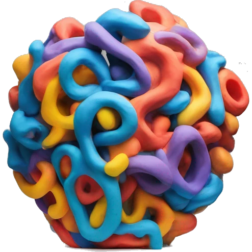 a big and colorful abstract sculpture realized with modeling clay on a white plinth emoji