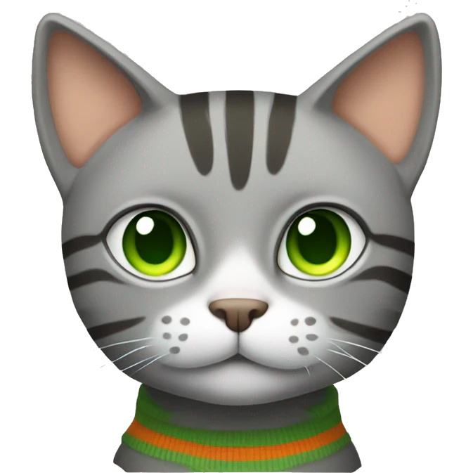 A striped grey cat with green eyes with orange sweater in full growth emoji