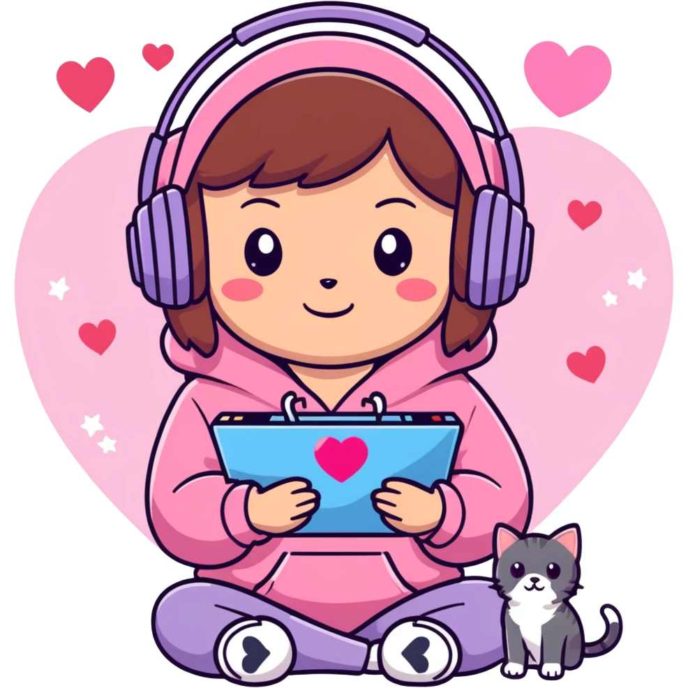 A brown-haired cartoon girl in a pink sparkly hoodie with headphones on, holding a game controller, surrounded by hearts, stars, and a puppy and kitten cuddling at her feet. emoji