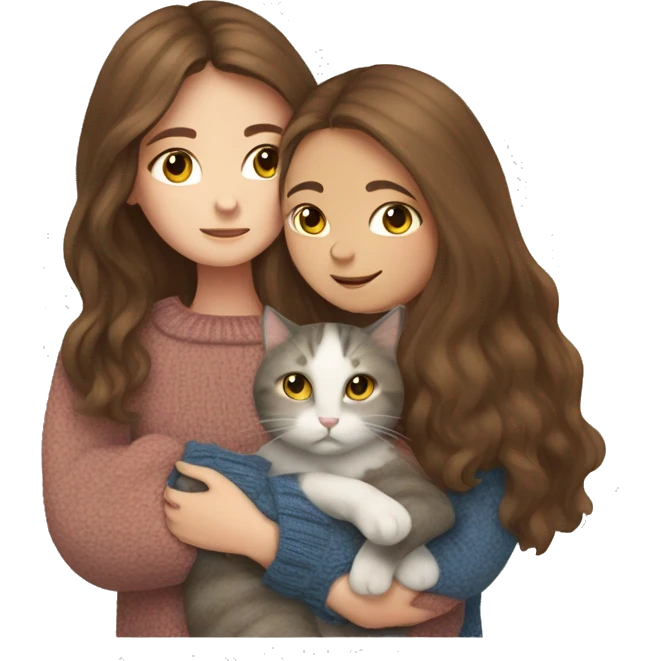 Girl with long brown hair in sweater hugging a british fold cat emoji