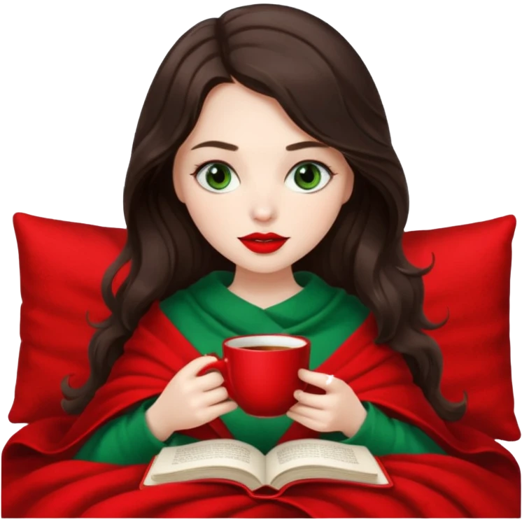 Long wavy dark brown haired, white skinned, dark green eyed girl with red lipstick wrapped in a red and white blanket, sipping tea and reading a book emoji
