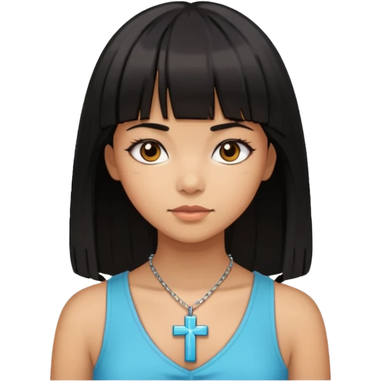 a girl with black straight hair and bangs with a necklace cross emoji