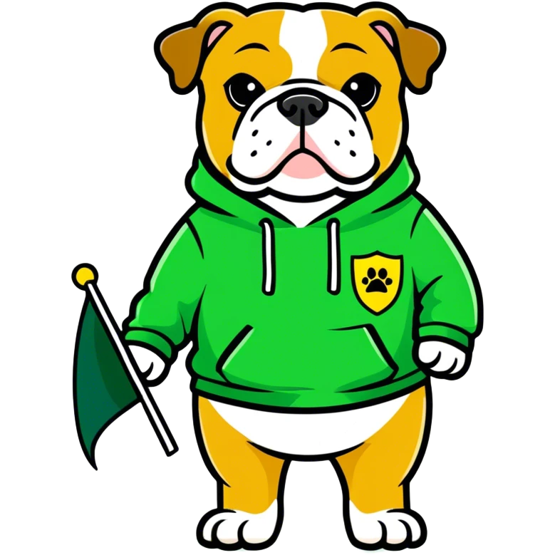 A bulldog wearing a green sweatshirt holding a little green flag emoji