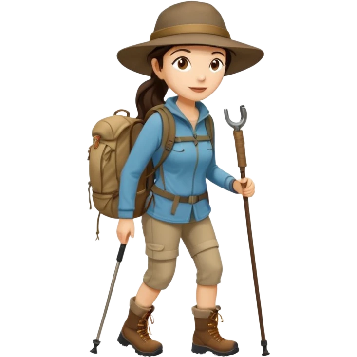 women, long dark brown hair in ponytail with wide brim hiking hat. Walking with backpack and trekking poles.  She is a pilgrim on the Camino Frances on her way to Santiago de Compostela emoji