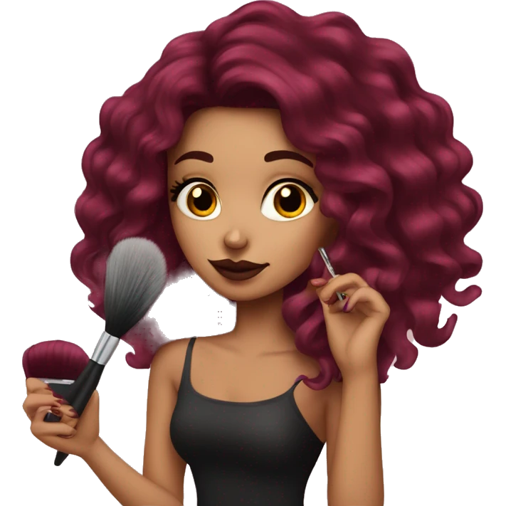 Beautiful tattooed burgundy long haired woman doing her makeup emoji