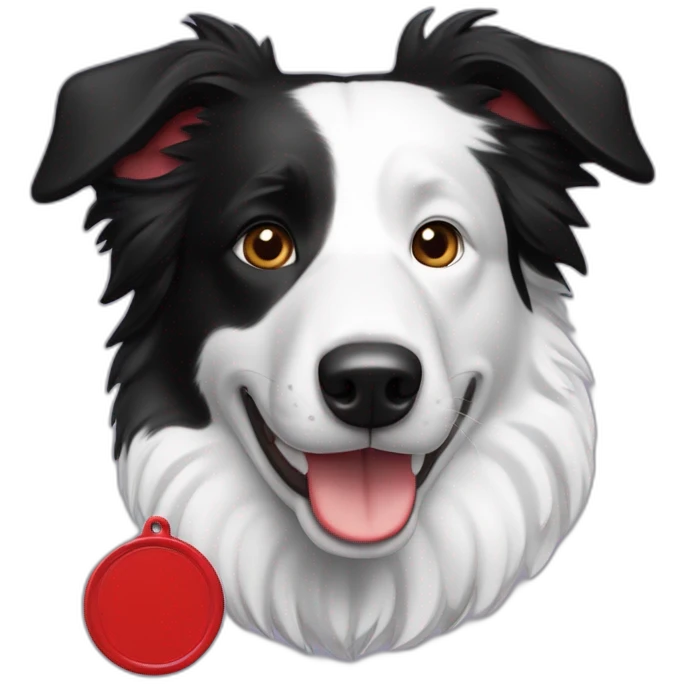 A black and white border collie with an skewed to the left white spot on his head and a red plaque emoji