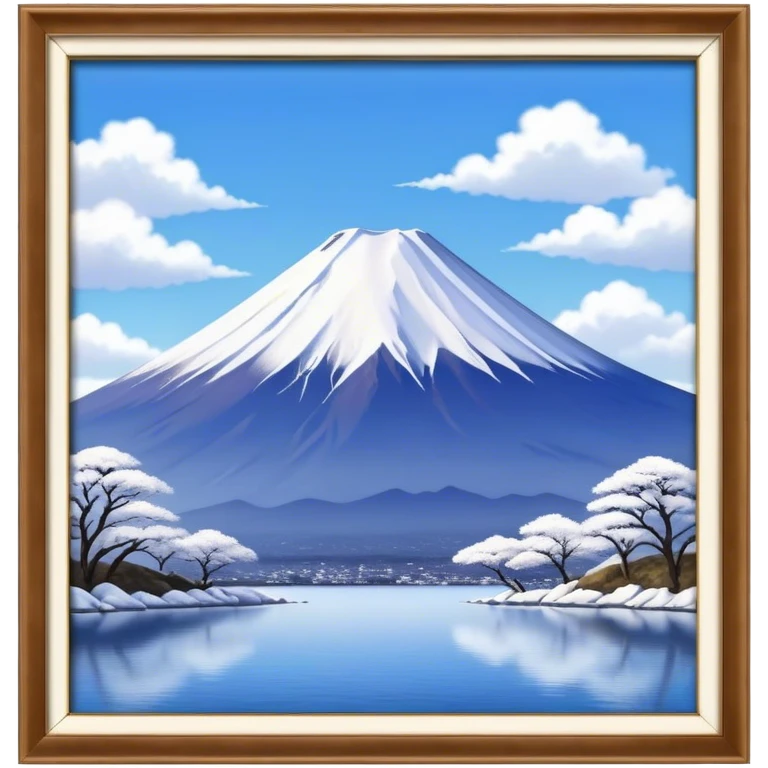 Cinematic Realistic Mount Fuji Landscape Emoji, depicted with the iconic snow-capped peak set against a serene sky rendered with lifelike textures and breathtaking, natural lighting. emoji