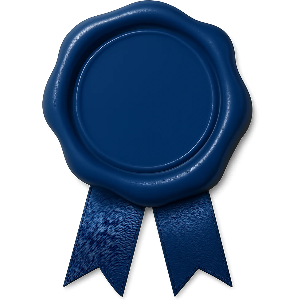Add a decorative ribbon with a glossy finish underneath the royal blue wax seal. Keep the background transparent. Maintain the style and look of the original image. emoji