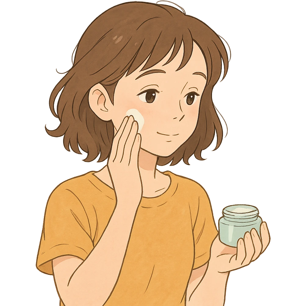 ghibli style girl making skincare, soft colors, gentle expression emoji