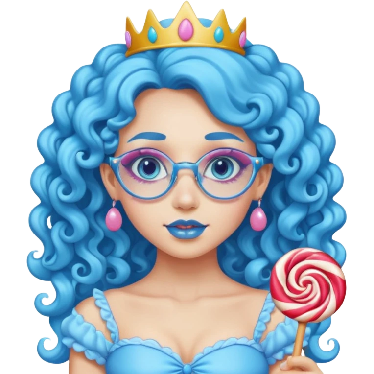 blue long curly haired princess of the candyland, with candy makeup candy glassess and just face emoji