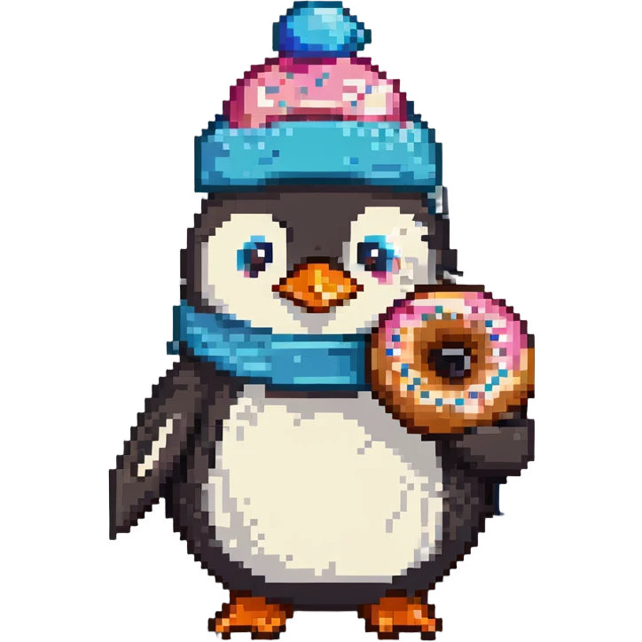 penguin with a cute hat and a donut in hand emoji