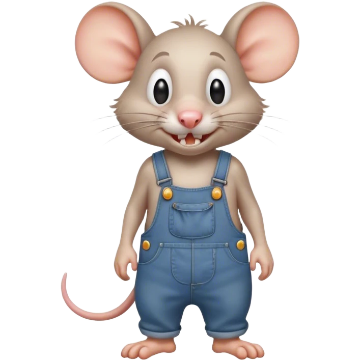 dizzy cartoon stupid drunk hillbilly rat wearing overalls no shirt. standing and talking full body. human eyes. teeth showing emoji