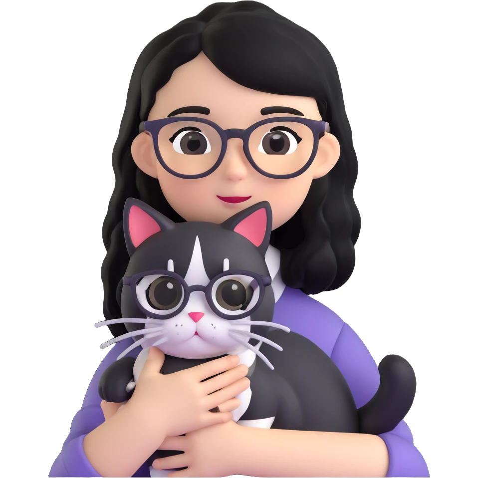 Girl with black hair wearing glasses holding a black and white cat emoji